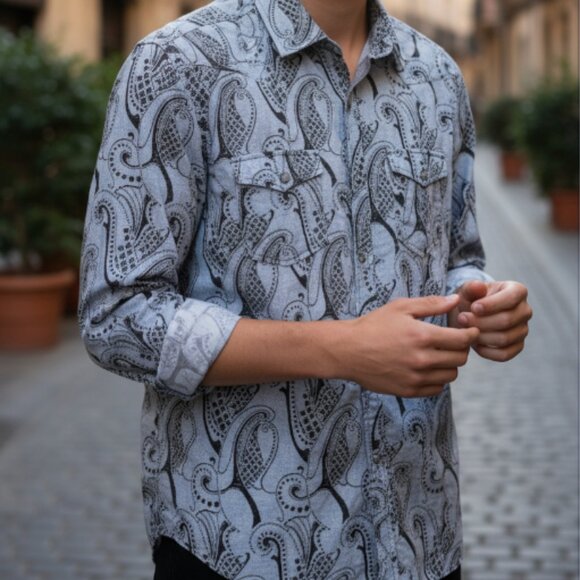 TOMMY BAHAMA 100% Cotton Shirt Mens Medium Paisley Snap Brown Blue LS Western - Picture 1 of 8